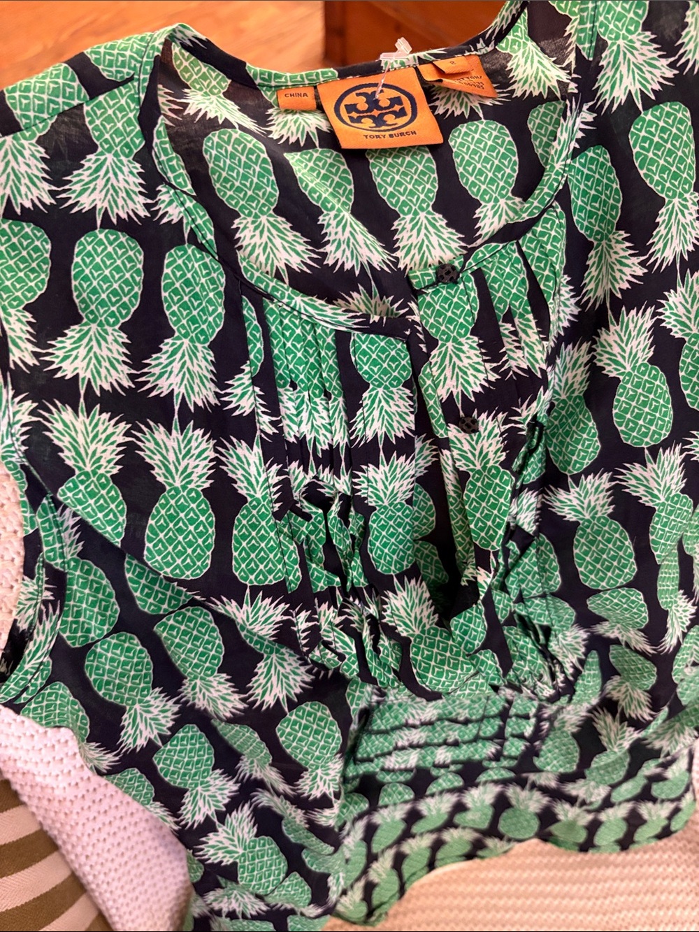 Tory Burch Navy One-Piece sleeveless topwith Green Pineapple Motif